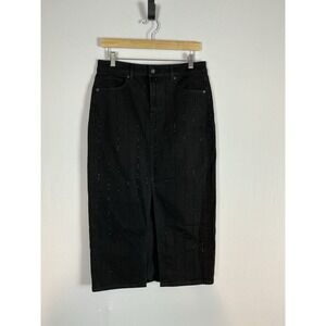 NWT Loft Black Denim Midi Skirt with Front Slit Size 4 Rhinestone Detail